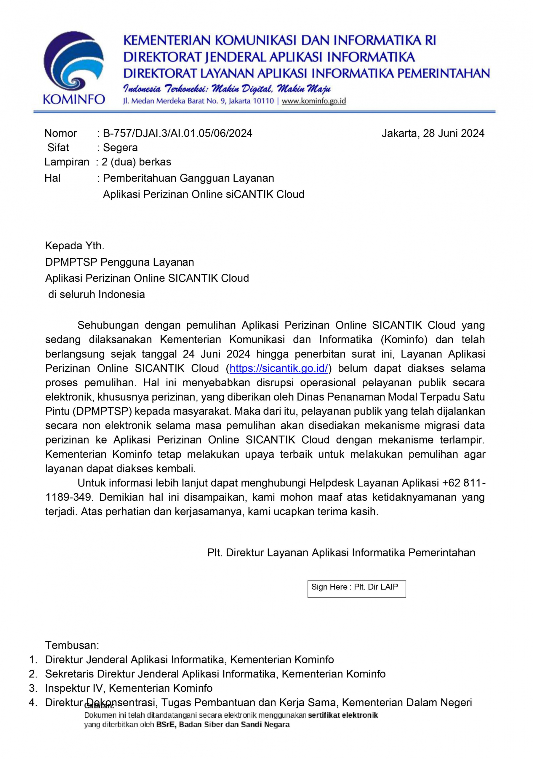 Surat Edaran Pemberitahuan Gangguan siCANTIK Cloud